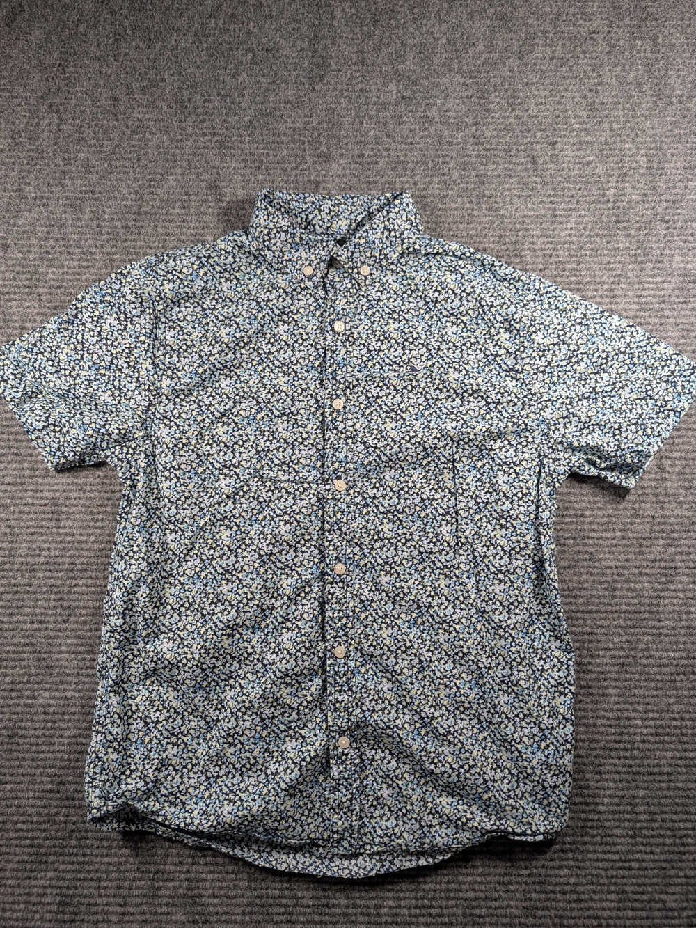 Vineyard Vines Boys Youth Lg Blue Micro-Floral Pattern Short Sleeve Button-down
